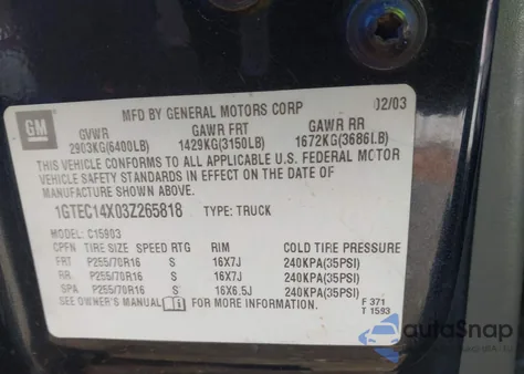 2003 GMC Sierra 1500 z USA, uszkodzony, nr VIN 1GTEC14X03Z265818
